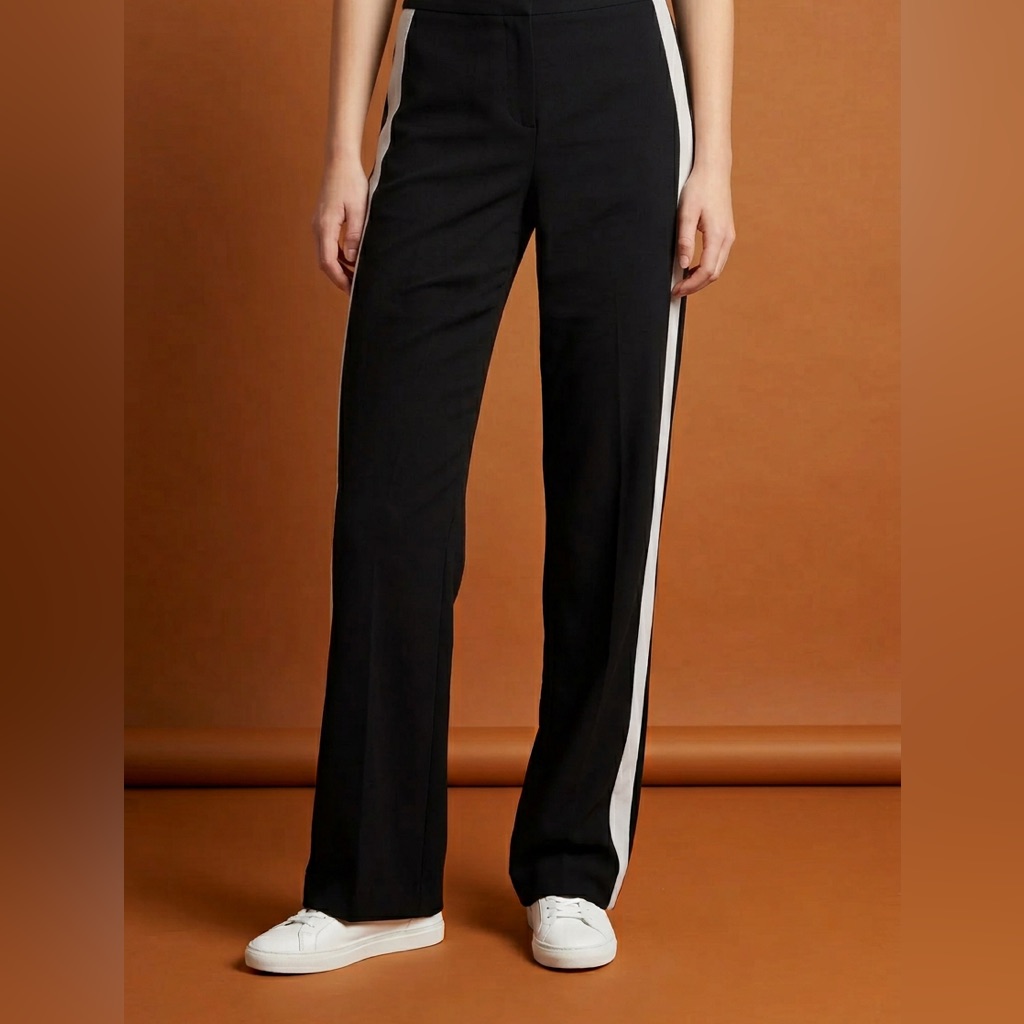 Theory Women's Black Athletic Pants Metallic Trim Flared Leg Casual Elegant M